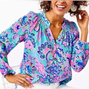 EUC Lilly Pulitzer Elsa Silk Blouse, Blue Horizon Jungle Sunrise, medium